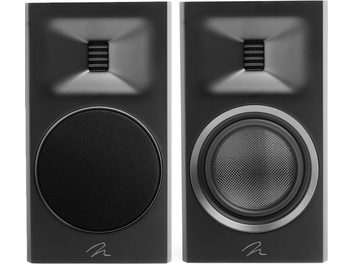 Enceinte bibliothèque Motion B10 noir laqué avec deux unités, une avec grille circulaire noire et une avec haut-parleur visible argenté