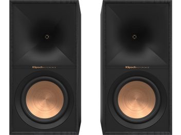 Diffusore da scaffale Klipsch R-60M nero, vista frontale, due altoparlanti circolari in rame, cassa rettangolare nera