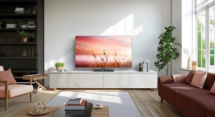 Salon moderne avec canapé rose, table basse, télévision sur meuble blanc, étagères noires, plante verte, grande fenêtre