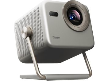 Hisense M2 PRO video projector in metallic gray with a metal casing, front left low-angle view, featuring a large circular lens with a champagne-colored ring, a perforated side ventilation grille, and an adjustable tubular stand