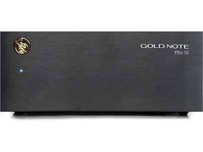 Eraldi toiteallikas HI-FI elektroonikale Gold Note PSU-10 must, eestvaade, kuldne logo matil mustal esiküljel
