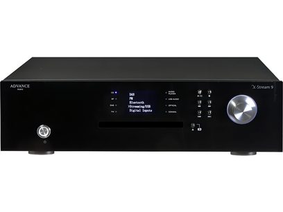 Lecteur audio réseau Advance Paris X-Stream 9 noir, vue de face, affichage bleu, boutons et molette argentés