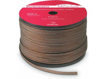Câble pour enceinte PSW25 enroulé sur une bobine cylindrique, vue en perspective, gaine plate marron avec inscriptions blanches