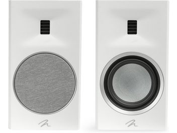 Enceinte bibliothèque Motion B10 blanc laqué avec deux unités rectangulaires, tweeters noirs et woofers circulaires, un avec grille grise