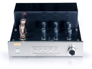 Cayin CS-6PH high-fidelity power amplifier in brushed aluminum silver, slightly top-down front view, front panel with white power button, large black impedance selector knob with metal ring, and LED adjustment panel, glossy black top plate featuring two large glowing glass tubes and four small tubes topped with cylindrical covers