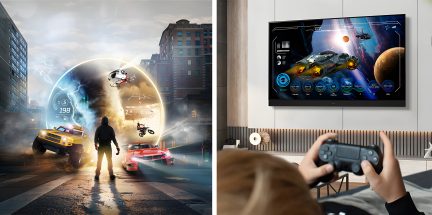 Écran de télévision affichant un jeu vidéo de course spatiale, personne tenant une manette de jeu