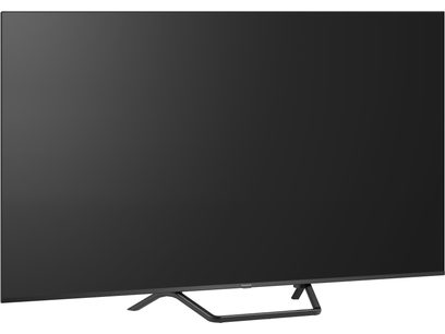 Panasonic TV-65W95BEG high-definition television in black, with a slim plastic frame and a glossy flat screen mounted on a rectangular metal central stand, viewed slightly from the front at an angle