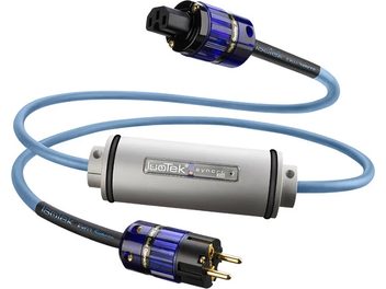 Câble d'alimentation IsoTek EVO3 Synchro 2m bleu et gris avec connecteurs IEC et Schuko, sur fond blanc