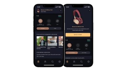 Två smartphones med silverfärgade metallkanter och svarta glasdisplayer som visar ett headsetkontrollgränssnitt, presenterade sida vid sida framifrån