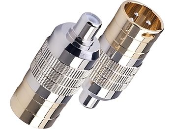 Silver and gold-plated metal Cardas Clear adapter, cylindrical striated shape, with male and female connectors at the ends