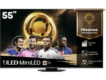 Téléviseur haute définition Hisense 55U8Q noir, cadre mince en métal et écran plat 55 pouces, vue de face avec pied central satiné