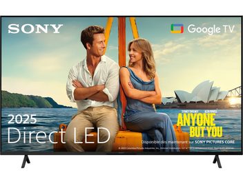 Sony BRAVIA 3 K43S3 sort højopløsnings-tv med slankt metalramme, direkte LED-skærm med reklamevisning, understøttet af to skrå fødder, set forfra