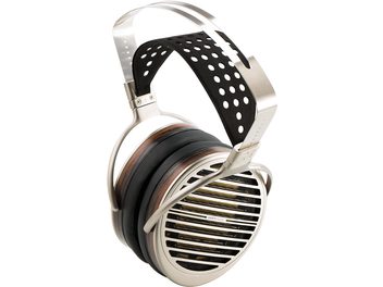 Casque hifi ouvert Hifiman Susvara, vue de profil gauche. Coques ajourées noires, arceau et coussinets argentés