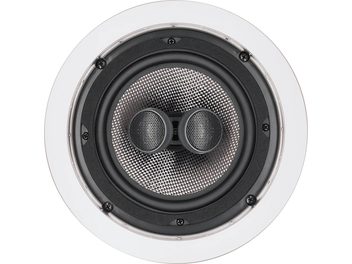 Enceinte encastrable au plafond Interior IC82, vue de face, forme circulaire, bord blanc, membrane centrale texturée, grilles noires