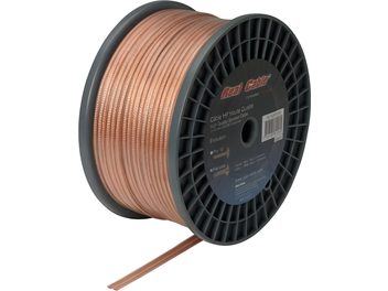 Bobine de câble audio cuivre transparent Real Cable FL250T, gaine orange, sur fond blanc