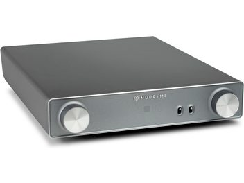 Front view of Nuprime AMG PRA stereo preamplifier, metallic gray housing, minimalist front panel with 2 knobs and display