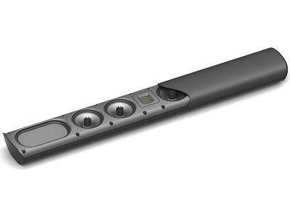 Głośnik centralny GoldenEar SuperSat 60C w kolorze czarnym, widok z góry, z 3 widocznymi głośnikami i wydłużoną obudową z szczotkowanego aluminium