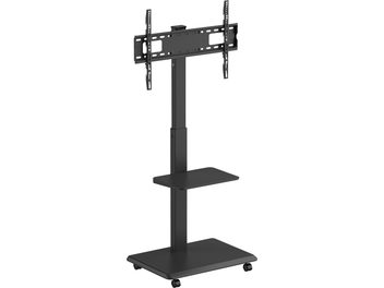 Norstone Pro Vision Plus black metal TV stand, three-quarter front view, square column with adjustable perforated VESA plate, intermediate shelf, and rectangular wheeled base