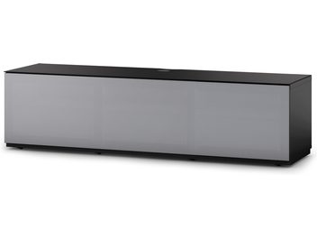 Meuble TV rectangulaire noir mat, façade gris foncé brillant, sans poignées apparentes, socle noir brillant