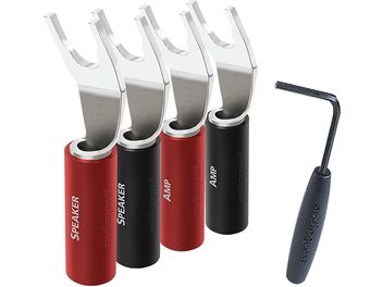 Set di 8 connettori a banana Audioquest SureGrip 100 argento, corpo nero e rosso, forcelle argentate angolate