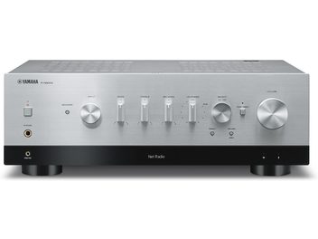 Facciata di un amplificatore hi-fi stereo Yamaha R-N800A color argento, dal design minimalista con pulsanti, manopole e display
