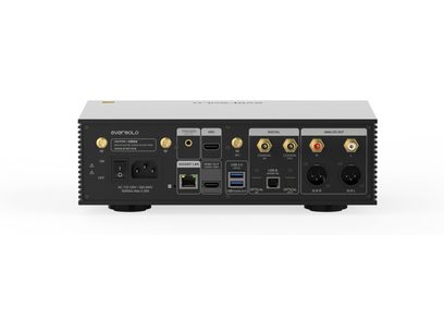 Δικτυακός αναπαραγωγέας ήχου EverSolo DMP-A6 Gen 2, πίσω όψη, συνδέσεις RCA, XLR, ομοαξονικές, οπτικές, USB, HDMI, LAN, διακόπτης, υποδοχή ρεύματος.