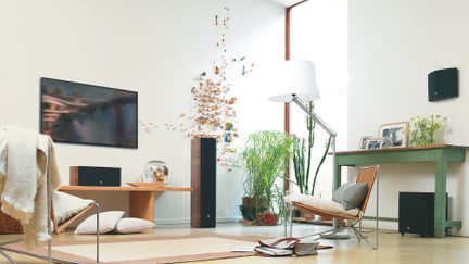 Salon lumineux vue de face avec téléviseur mural noir, colonne d’enceinte en bois à façade noire, enceinte murale et caisson noirs, table basse et console en bois clair, lampadaire métal à abat-jour blanc, fauteuil cannage métal avec coussin beige, plantes vertes et décoration murale abstraite