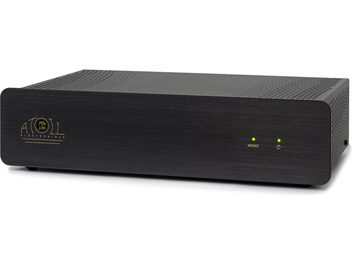 Atoll Electronique MA100 amplifier, black, front view, black facade with golden logo, green buttons and indicators