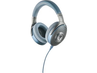 Casque hifi clos Focal AZURYS, arceau et coussinets rembourrés bleu clair, coques perforées, câble détachable bleu
