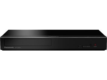 Panasonic DP-UB450 4K Blu-ray-afspiller, set forfra, rektangulær sort form, blank frontpanel, rød tænd/sluk-knap, diskskuffe