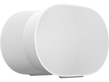 Enceintes sans fil connectées Sonos Era 300 blanc mat, vue de face et de profil, forme cylindrique arrondie