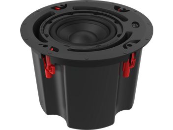 Built-in subwoofer PIC-800-T BW, perspective view, black cylindrical structure, red mounts, central speaker