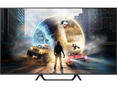 Panasonic TV-65W95BEG high-definition television in black, with a slim plastic frame and metal stand, front view, resting on two splayed trapezoidal feet