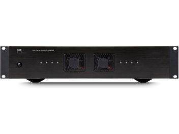 Ampli multiroom NAD CI8-150 DSP i svart borstad metall, framifrån, rackformat 2U med två centrerade ventilationsgaller, rund strömbrytare till vänster och åtta LED-indikatorer i rad