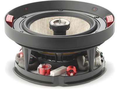 Haut-parleur encastrable noir Focal 300 ICW8, vue de dessus, grille retirée, haut-parleurs et composants internes visibles