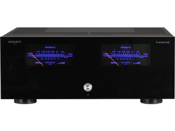 Advance Paris X-A160 EVO black stereo power amplifier, front panel with blue backlit needle displays