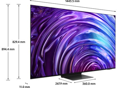 Téléviseur Samsung TQ65S95D 2024 à écran plat incurvé, vue de face, affichant des volutes violettes et bleues