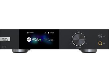 EverSolo DAC-Z8 audio DAC converter, front view, blue LED display "44.1 KHz", silver rotary volume knob, USB and coaxial ports