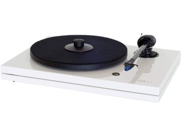Platine vinyle Music Hall MMF 5.3 WH blanc, vue de dessus, plateau noir mat, bras de lecture avec cellule, sur socle blanc