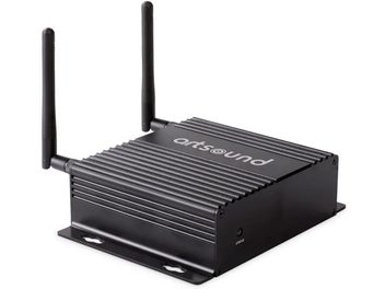 Έξυπνος δικτυακός αναπαραγωγέας ήχου Smart Stream, μαύρο ορθογώνιο κουτί, 2 κάθετες κεραίες, προοπτική όψη, λογότυπο στην κορυφή