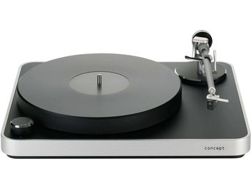 Platine vinyles hi-fi Pack Concept Edition MC 2024 argent, vue de dessus, plateau noir, bras de lecture argenté, bouton de réglage à gauche