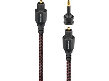 Kabel optyczny cyfrowy Audioquest Cinnamon optyczny 1,5 m czarny z czarno-czerwoną plecioną osłoną nylonową, złącza Toslink z matowego czarnego plastiku z pozłacanymi końcówkami i oznaczeniem Cinnamon, widoczny odłączany adapter mini-Toslink, widok z przodu