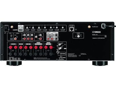 Yamaha RX-V6A hembioanläggning, frontpanel, framifrån, ljud- och videokontakter, knappar och rattar för justering