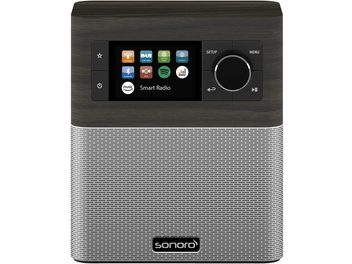Sonoro Stream radio i eg-sølv, rektangulært træ-kabinet, LCD-skærm, runde knapper, metalhøjttalergitter