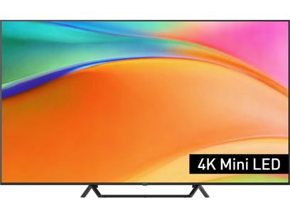 Panasonic TV-75W95BEG high-definition television in black, slim frame, 4K Mini LED flat glass screen, two wide V-shaped feet, front view