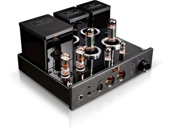 Cayin HA-6A high-fidelity headphone preamplifier in black, with a brushed metal chassis and a lacquered top plate reflecting six glass tubes and three rear transformers, shown in three-quarter front view