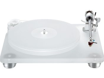 Platine vinyle ClearAudio Emotion SE, vue de dessus, bras de lecture et cellule montés, plateau transparent, châssis blanc
