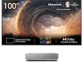 Vidéoprojecteur Hisense 100L5HD avec écran ALR 100 pouces, boîtier rectangulaire finition grise, image de tornade en arrière-plan