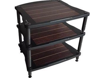 Έπιπλο Hi-Fi Bassocontinuo Lyra XL4 2.1 από σκούρο ξύλο, 3 ράφια, μεταλλική μαύρη κατασκευή, τρισδιάστατη μπροστινή όψη