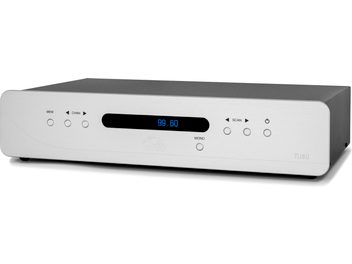 Tuner Atoll Electronique TU80 Signature argent, face avant avec afficheur bleu, boutons et touches de contrôle